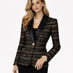 ST JOHN Metallic Knit Jacket Satin Lapels Black Gold Silver 4 S